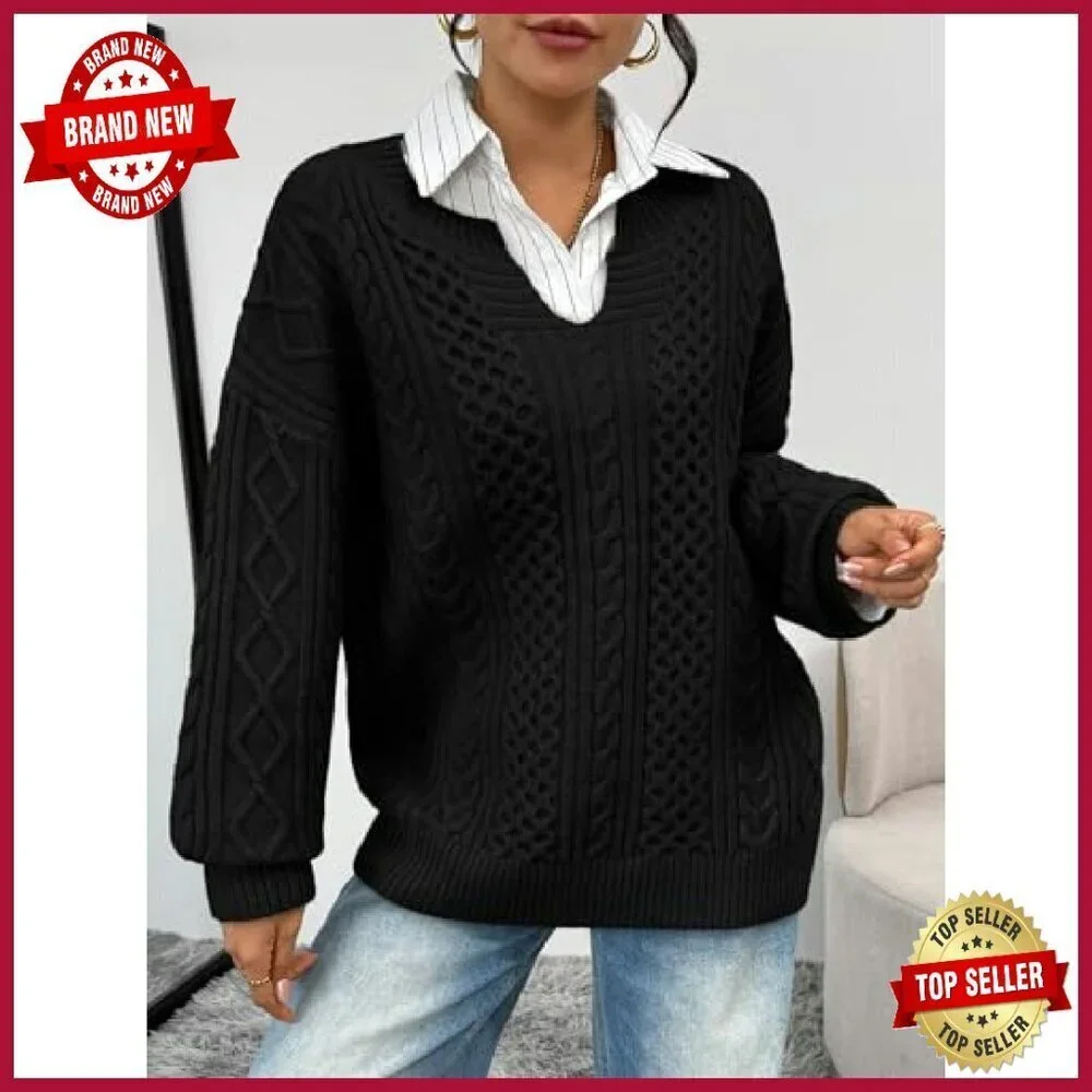 Oversized V-Neck Cable Knit Sweater Women's Cozy Winter Pullover_3